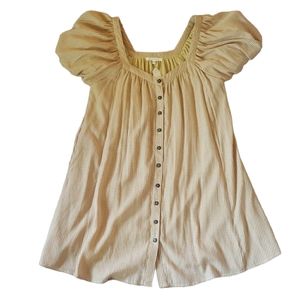 Beave White and Tan checkered Dress with Puffed Sleeves and Front Buttons